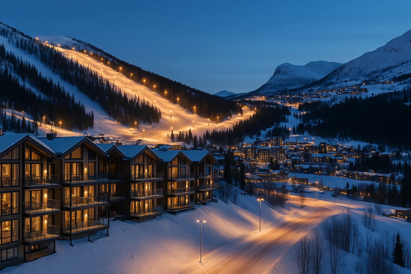 Boliger og fjellandskap i vinterlys